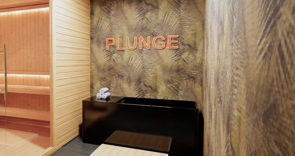 Cold plunge and sauna recovery area inside Rally House Pickleball.
