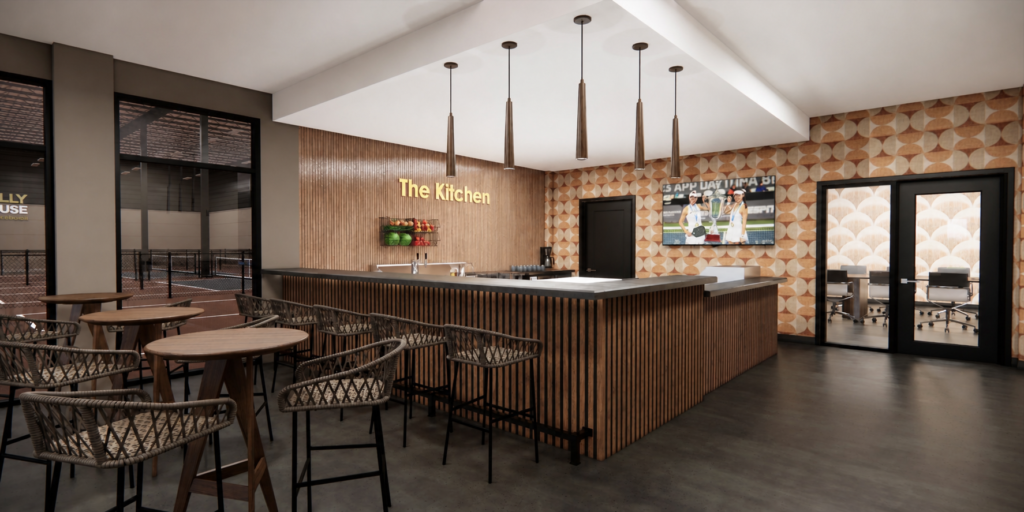 Modern food and beverage lounge area inside Rally House Pickleball.