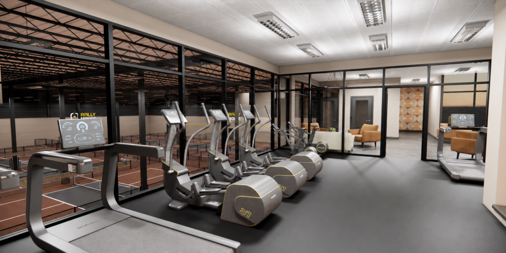 Modern fitness area overlooking indoor pickleball courts at Rally House Pickleball.