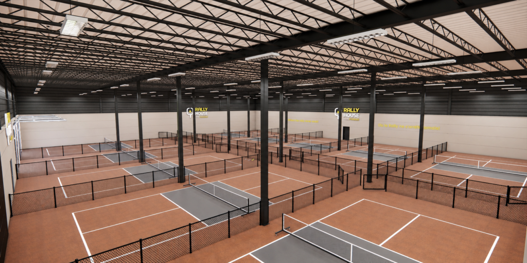 Indoor pickleball facility with multiple professional courts at Rally House Pickleball.