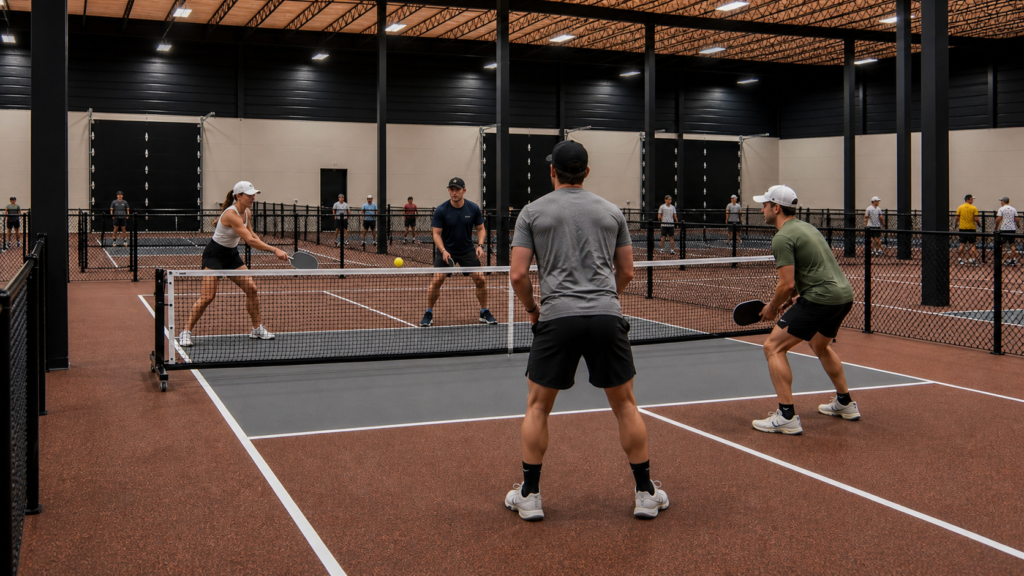 People playing pickleball on indoor courts at Rally House Pickleball.