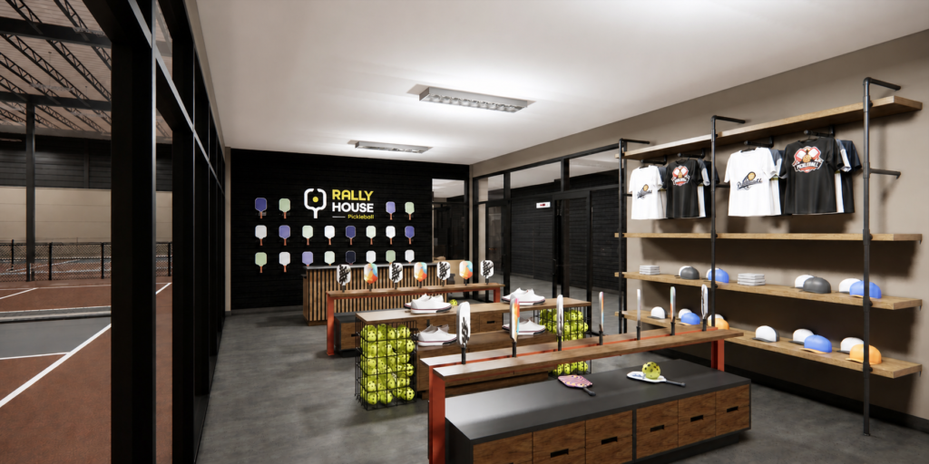 Pro shop at Rally House Pickleball featuring paddles, apparel, and pickleball gear.
